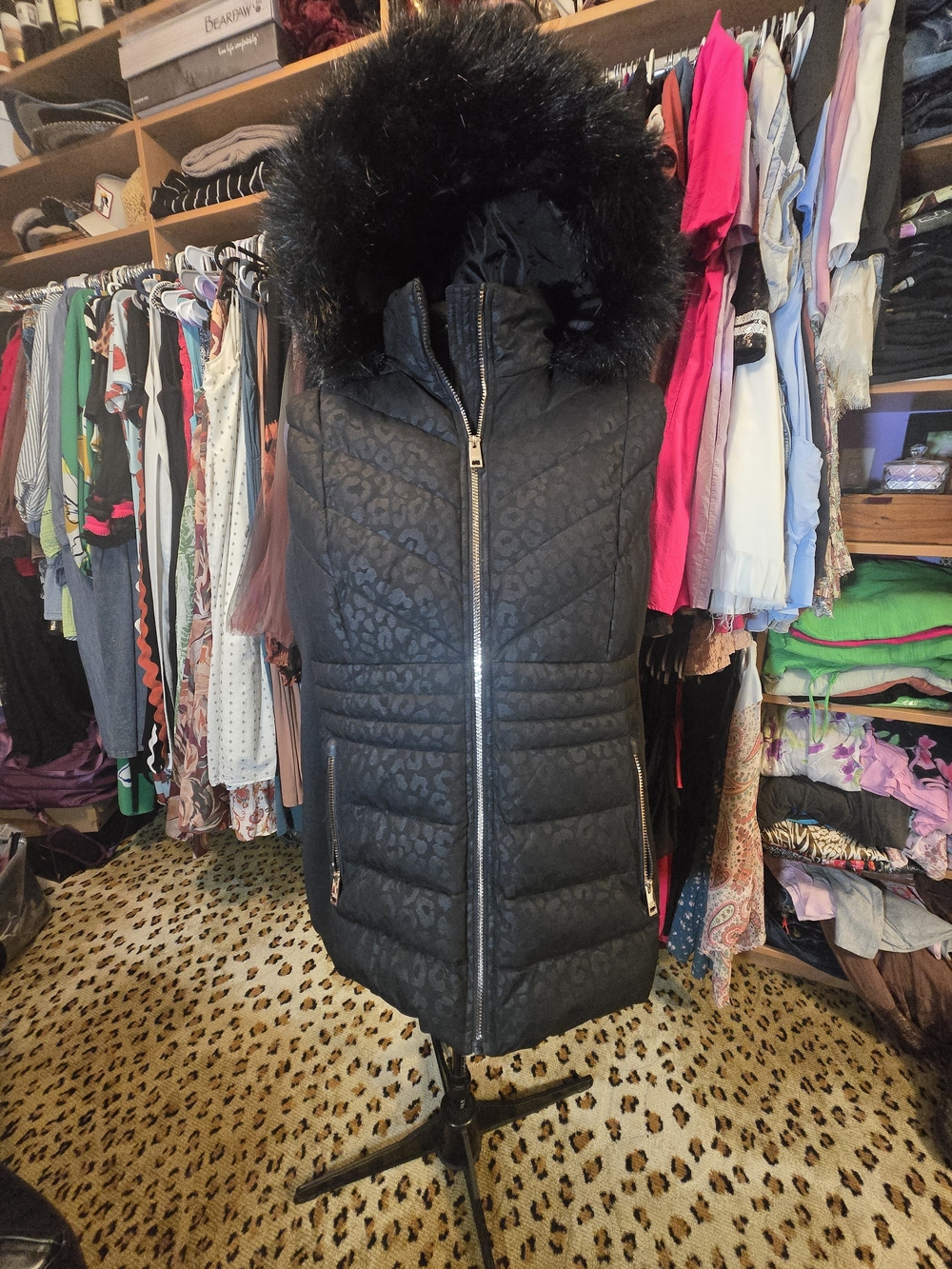 Michael Kors Black Quilted Hooded Puffer Vest with Faux Fur Trim